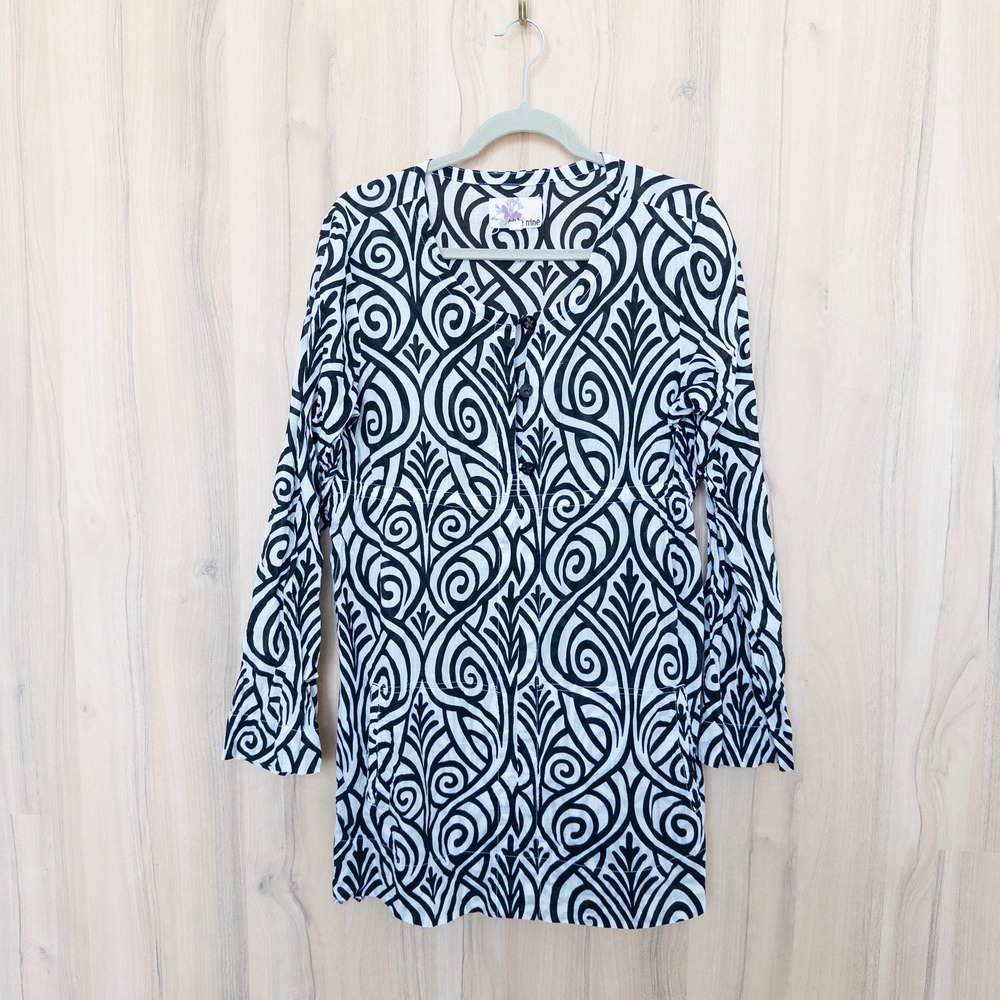 Title Nine Womens Tunic Top L Black White Long Sleeve Cotton Resort Boho Coastal